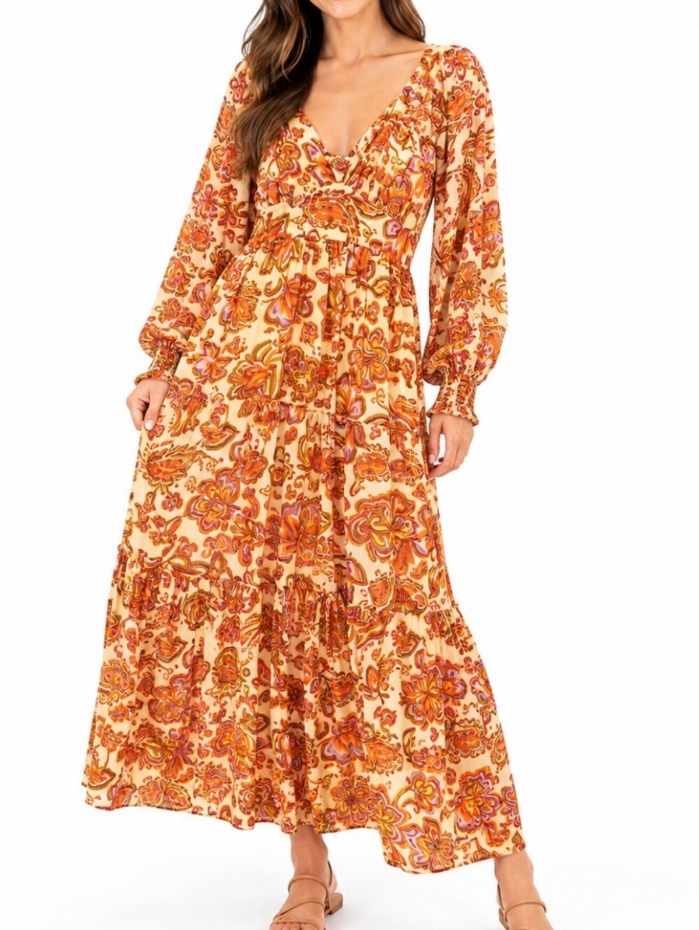 Japna Worn Once Medium Floral Orange Maxi Dress Long Sleeve Open Back With BoTie